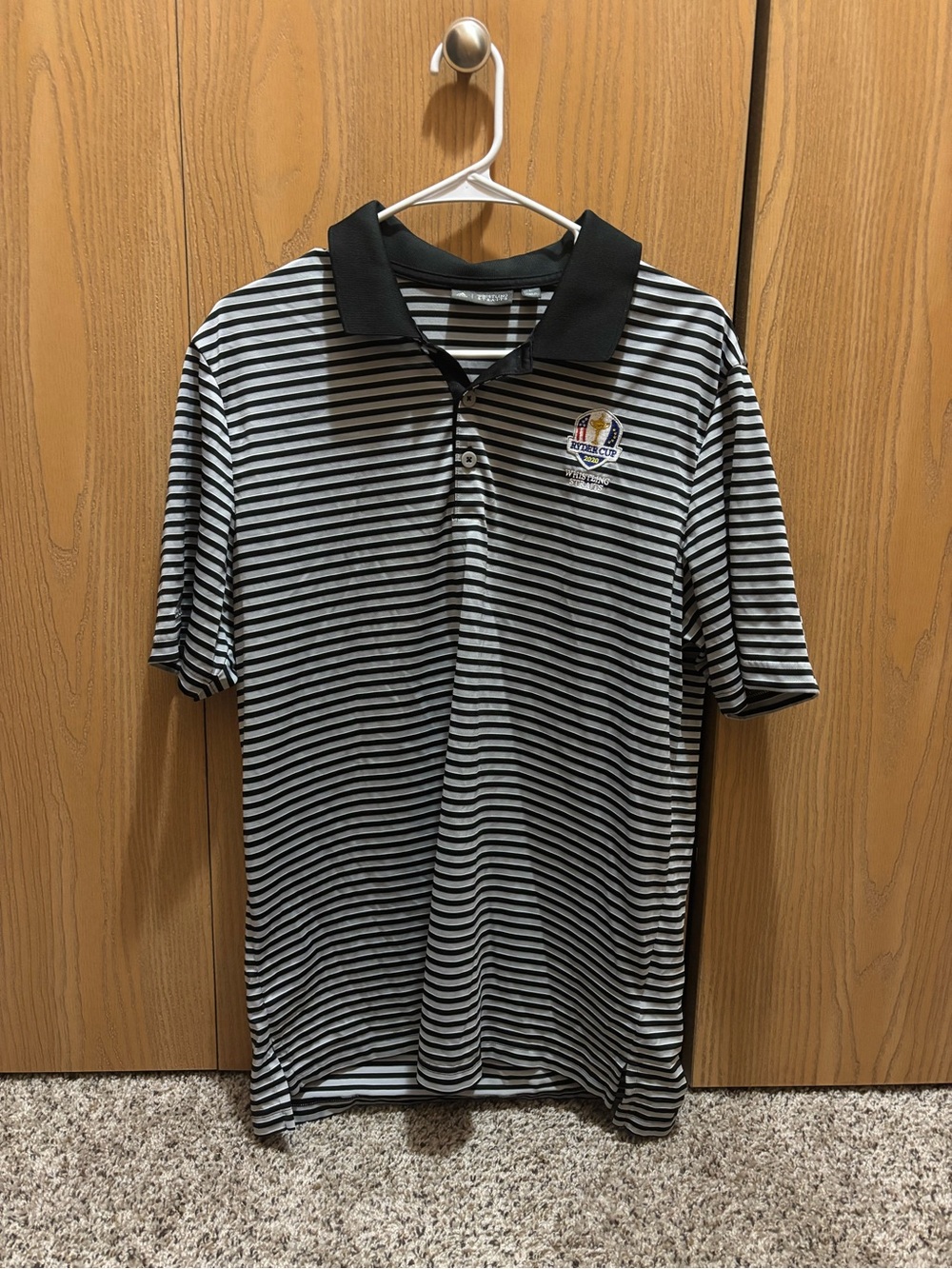 adidas Black & White Striped Polo with Embroidered Crest